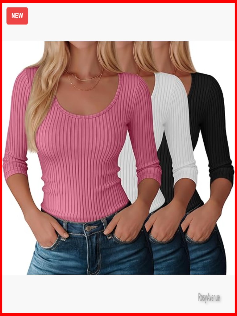 3 Pack 3/4 Sleeve Ribbed Scoop Neck Slim Fit T-Shirts For Women